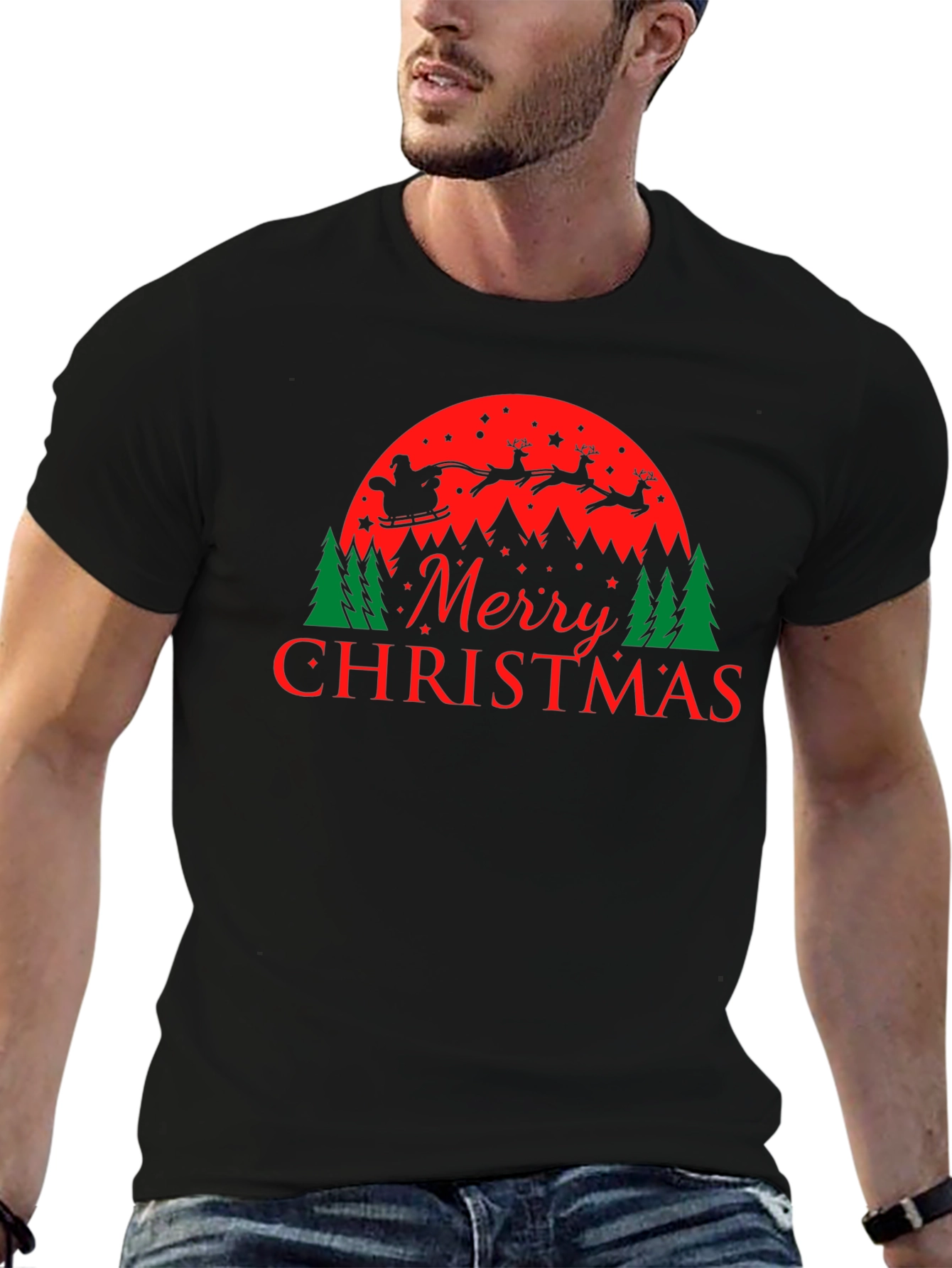 Merry Christmas Santa and Reindeer Graphic Tee