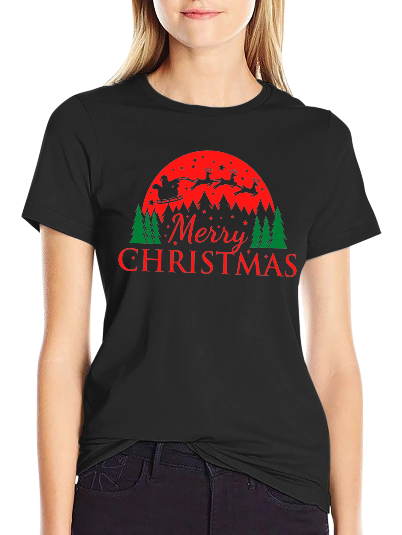 Merry Christmas Santa and Reindeer Graphic Tee