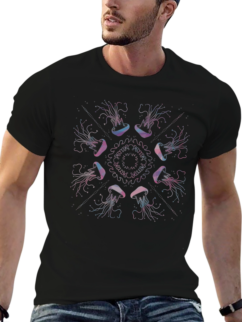 Jellyfish Mandala Graphic Print Black Tee