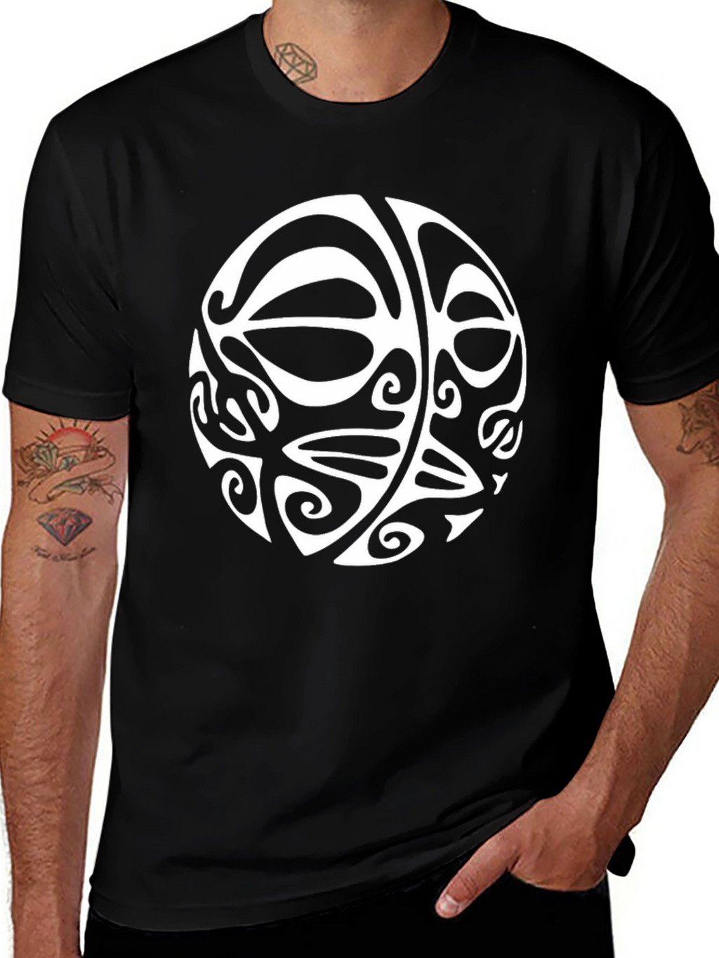 Mens Black T-Shirt with White Tribal Circle Design