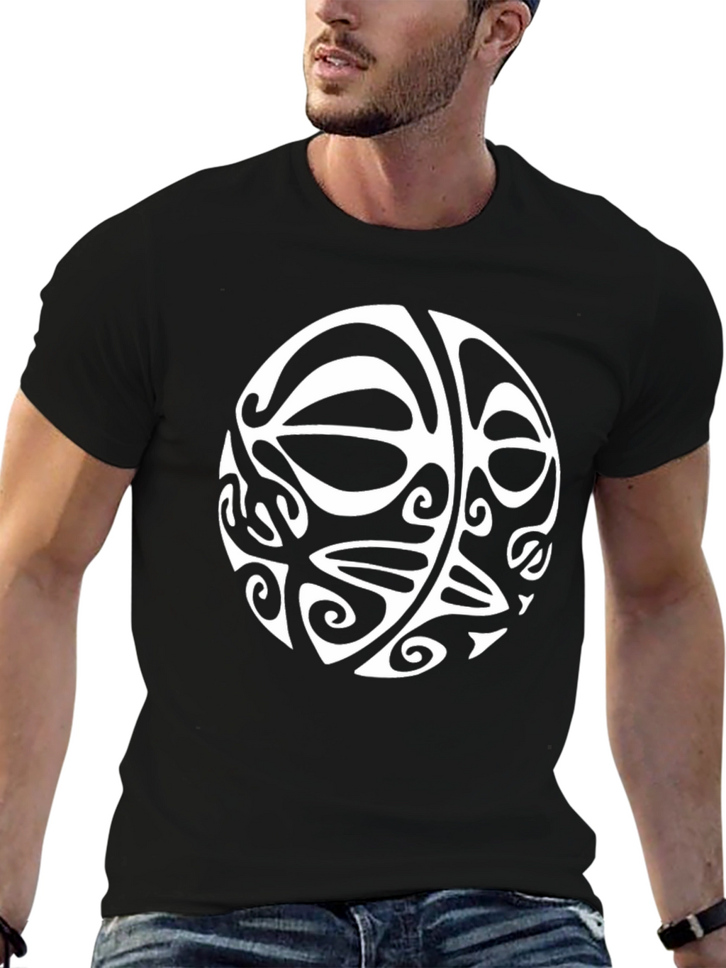 Mens Black T-Shirt with White Tribal Circle Design