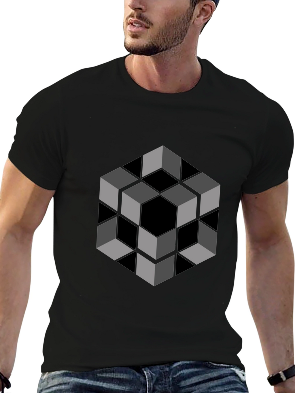 Optical Illusion Cube Graphic Tee - Modern Black Shirt