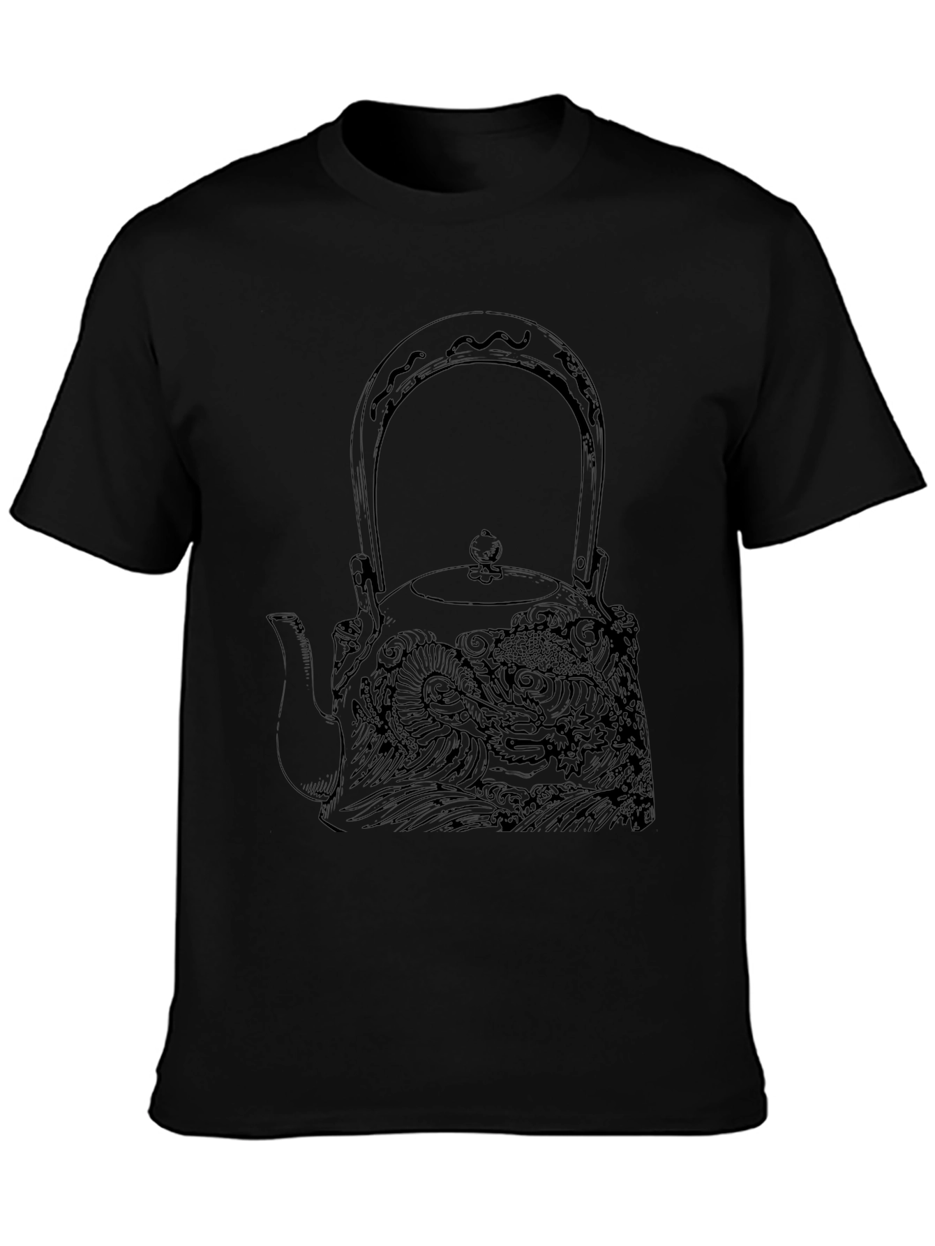 Black Graphic Tee: Dragon Teapot Design