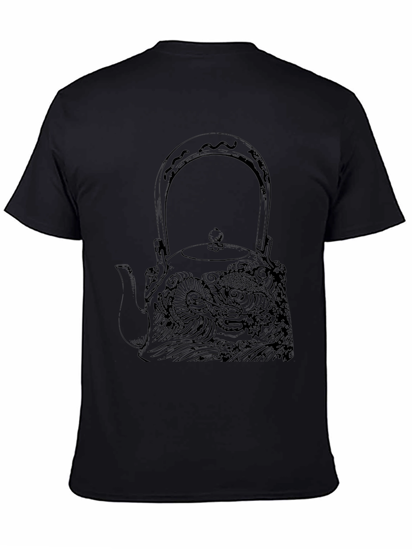 Black Graphic Tee: Dragon Teapot Design