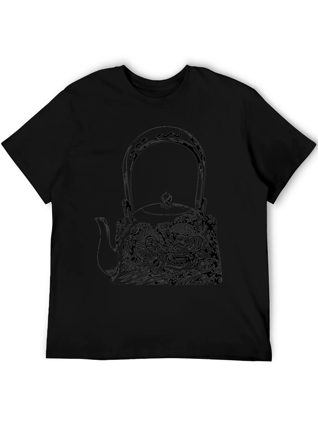 Black Graphic Tee: Dragon Teapot Design