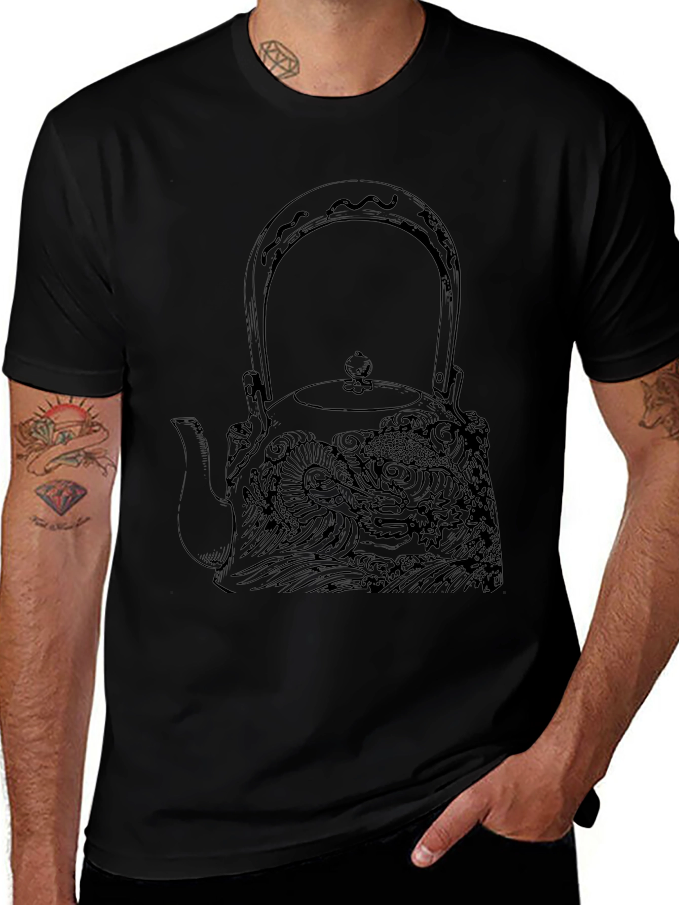 Black Graphic Tee: Dragon Teapot Design
