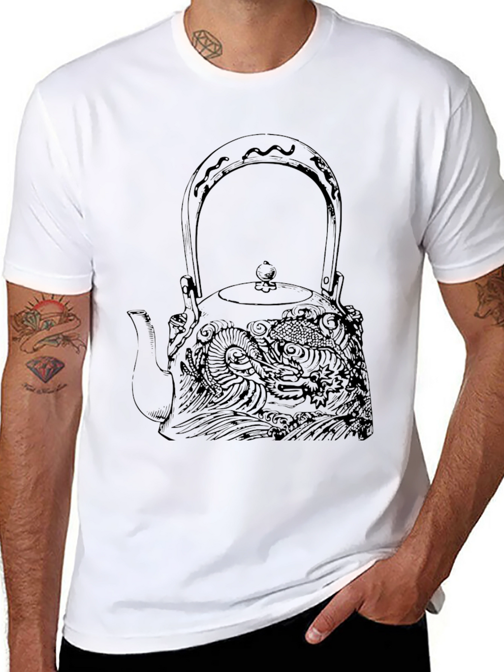 Black Graphic Tee: Dragon Teapot Design