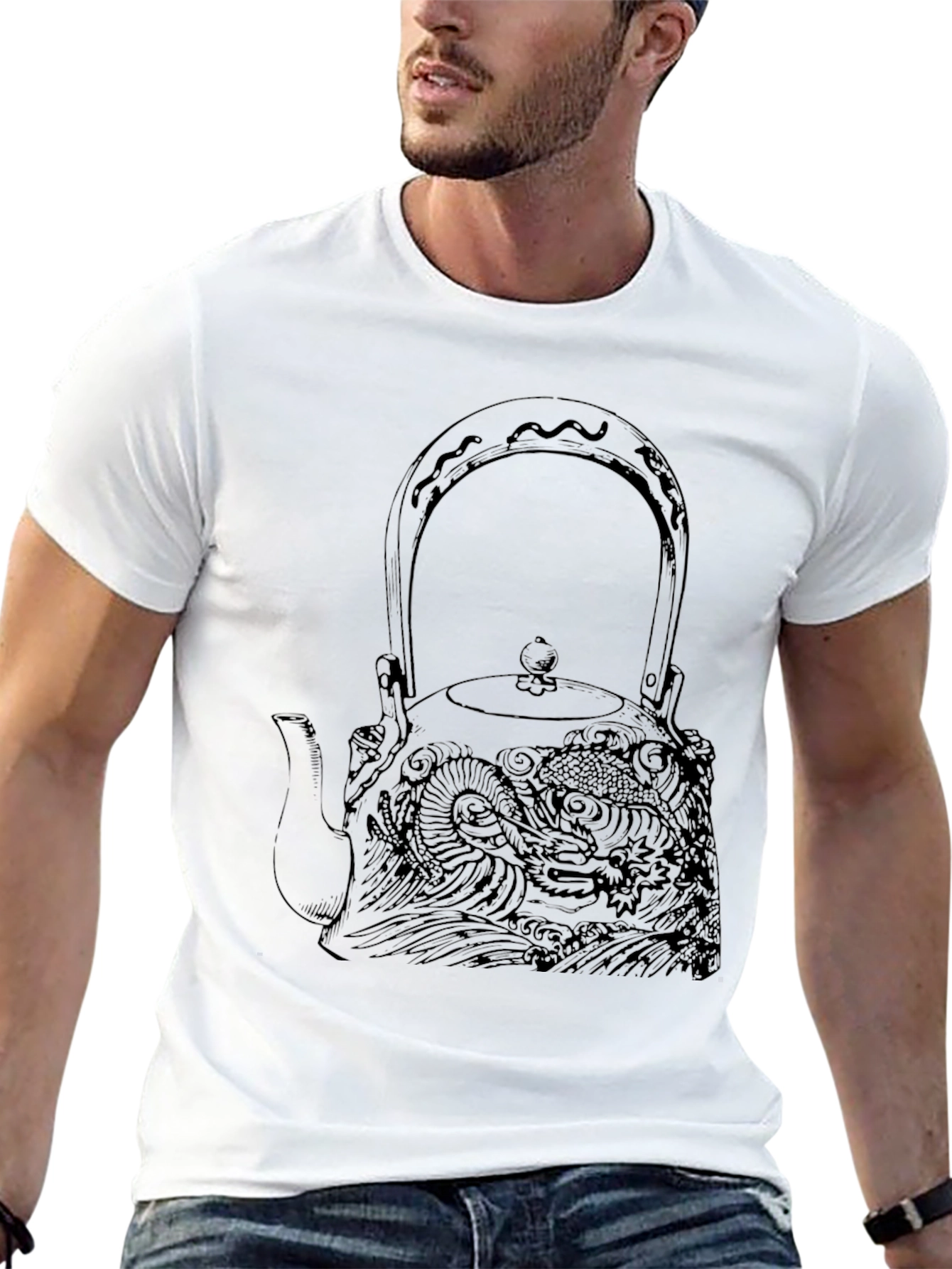 Black Graphic Tee: Dragon Teapot Design