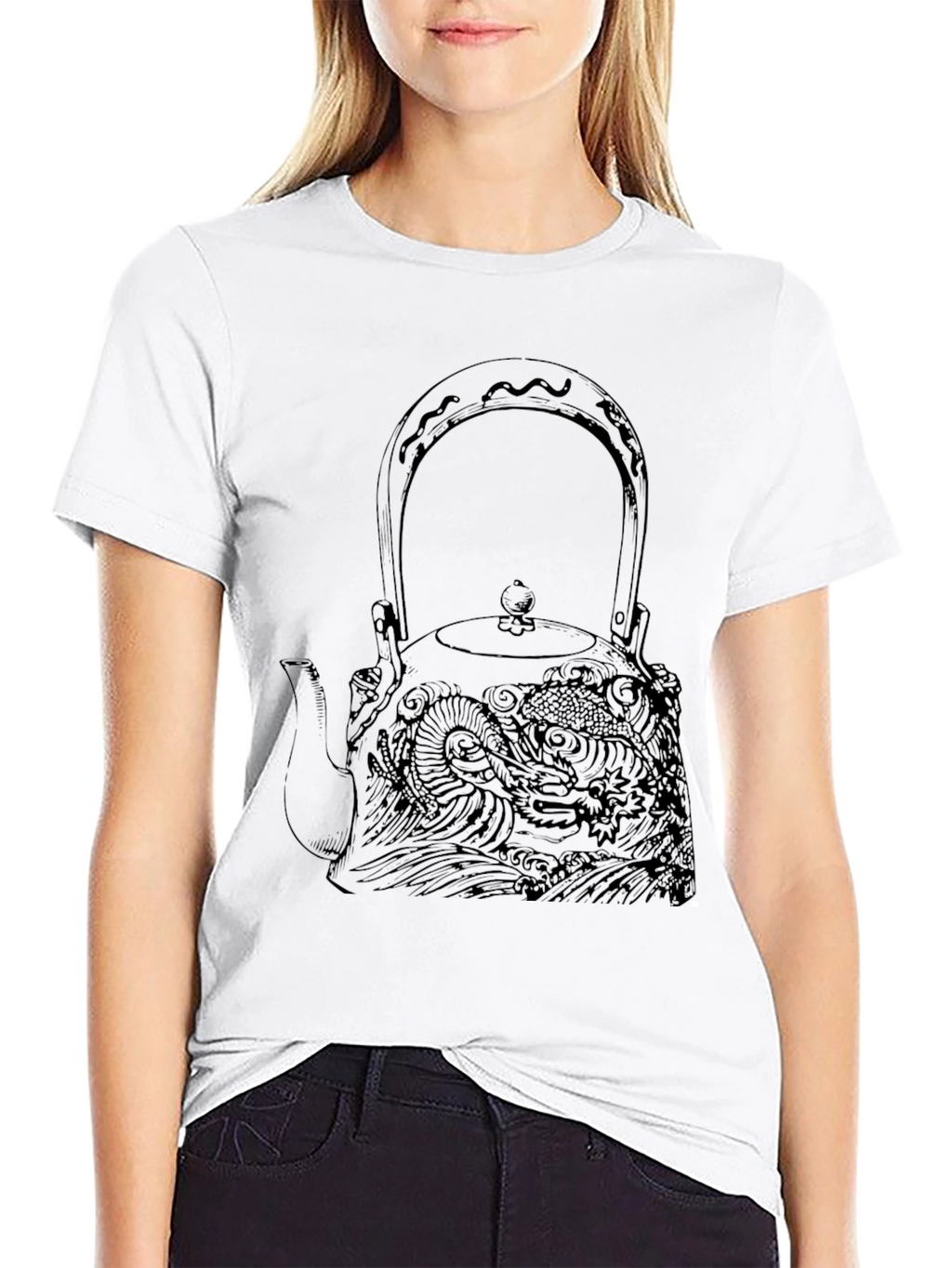 Black Graphic Tee: Dragon Teapot Design
