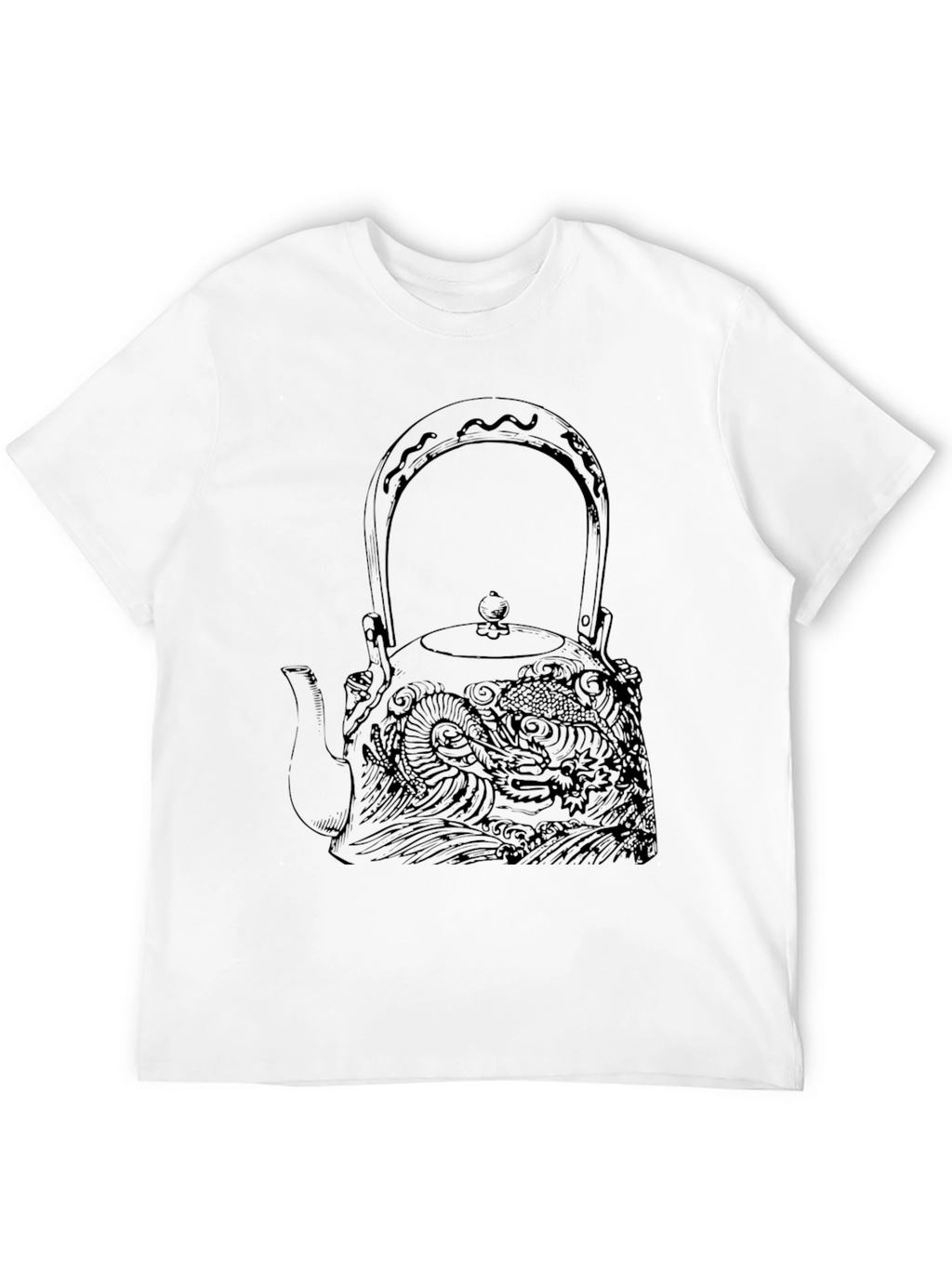 Black Graphic Tee: Dragon Teapot Design