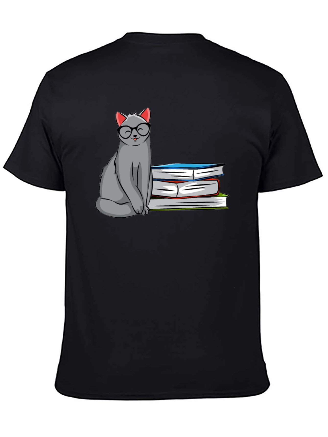 Cat with Glasses & Books Graphic T-Shirt