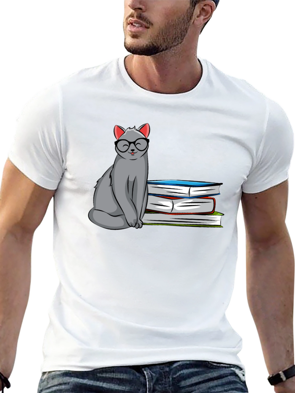 Cat with Glasses & Books Graphic T-Shirt