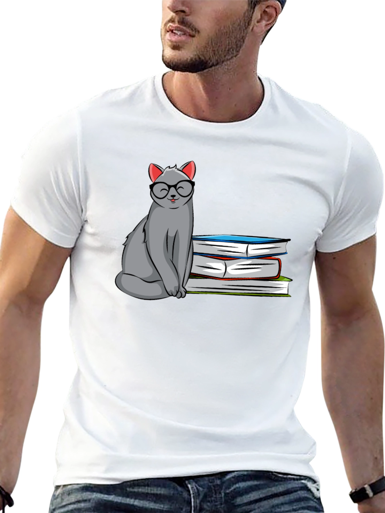 Cat with Glasses & Books Graphic T-Shirt