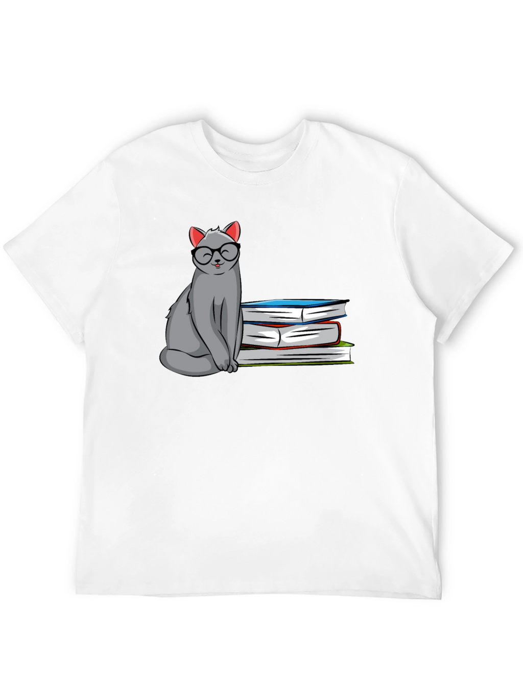 Cat with Glasses & Books Graphic T-Shirt