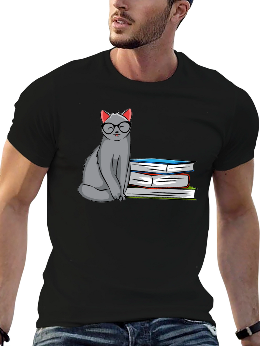 Cat with Glasses & Books Graphic T-Shirt