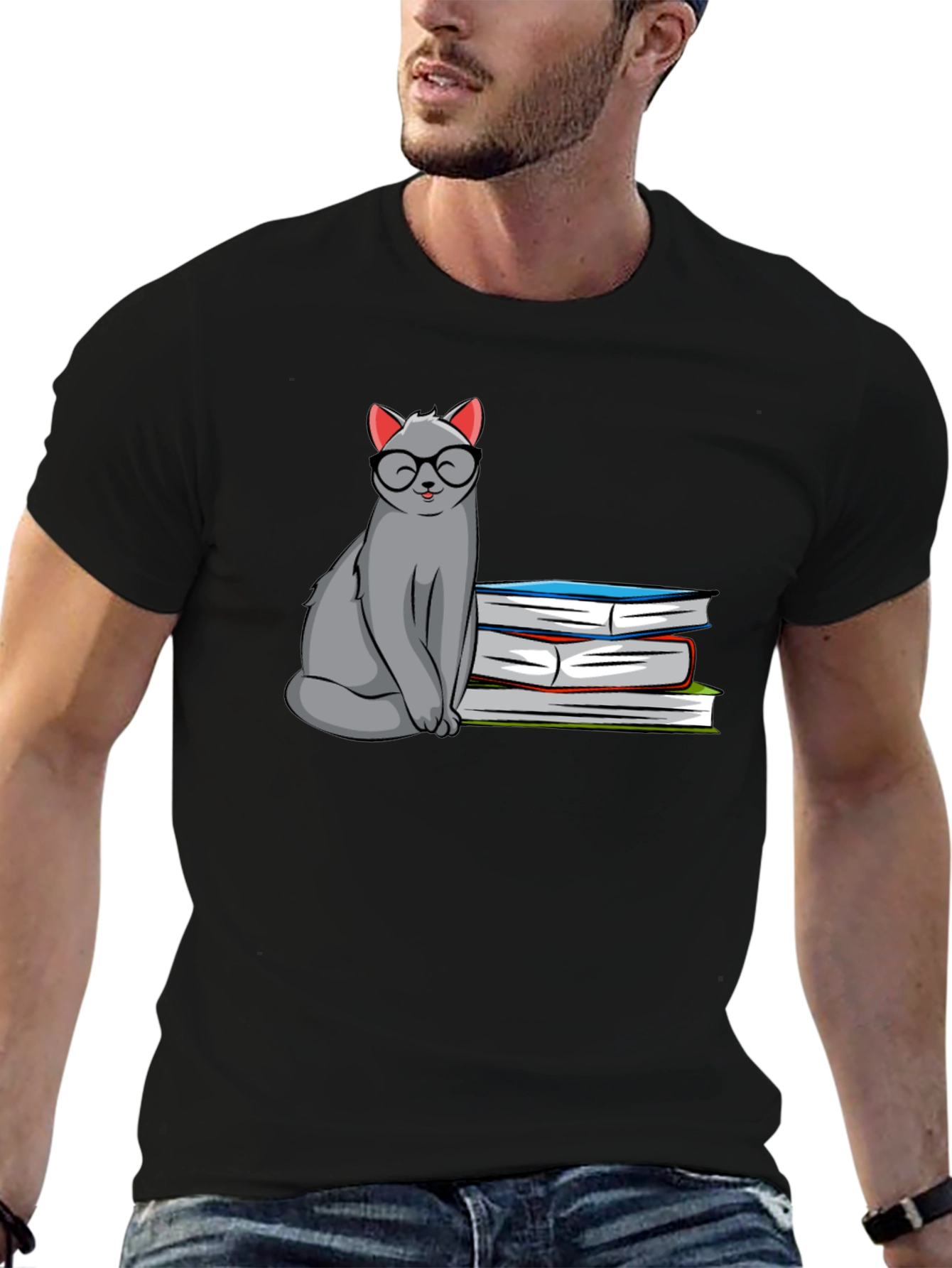 Cat with Glasses & Books Graphic T-Shirt