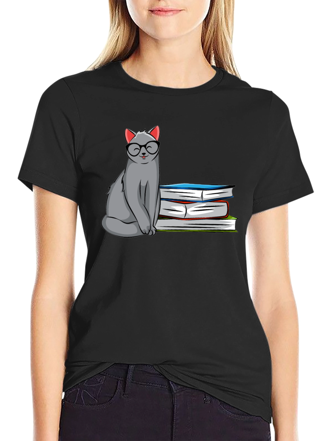 Cat with Glasses & Books Graphic T-Shirt