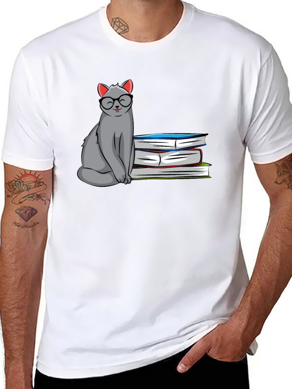 Cat with Glasses & Books Graphic T-Shirt