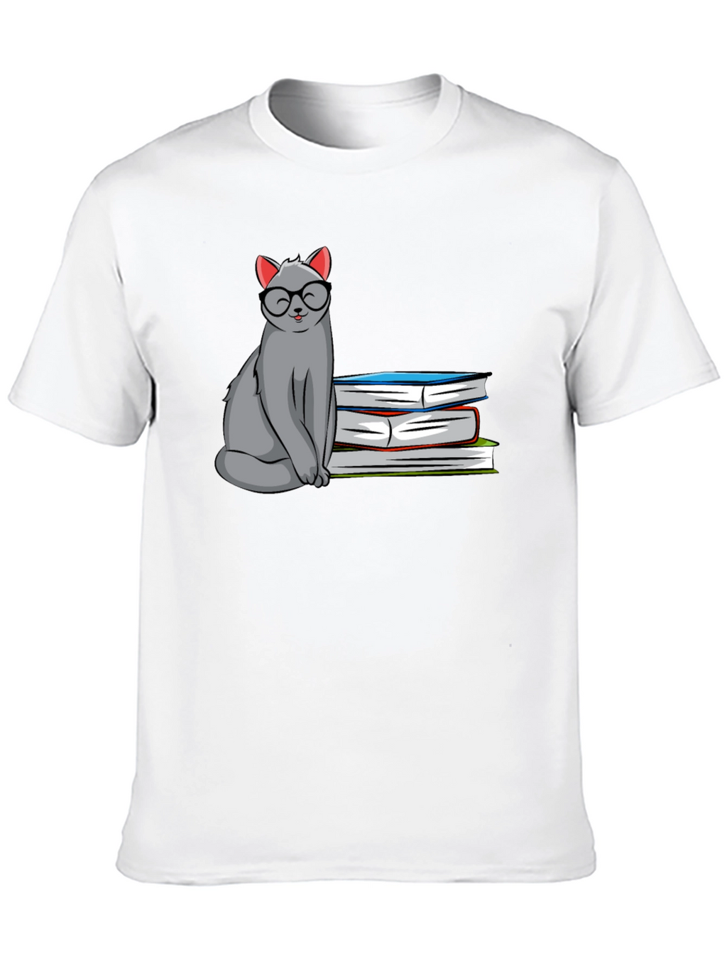 Cat with Glasses & Books Graphic T-Shirt
