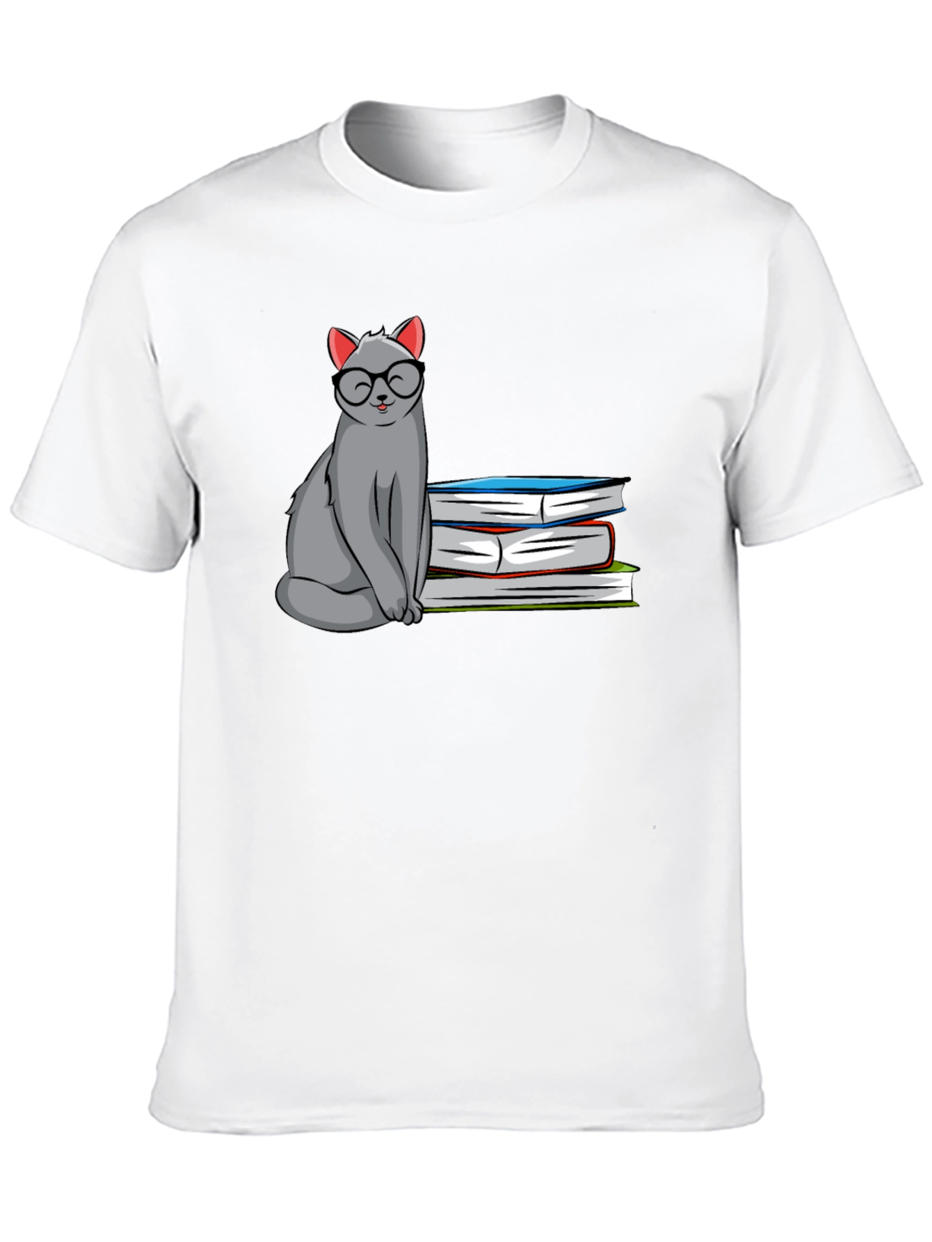 Cat with Glasses & Books Graphic T-Shirt