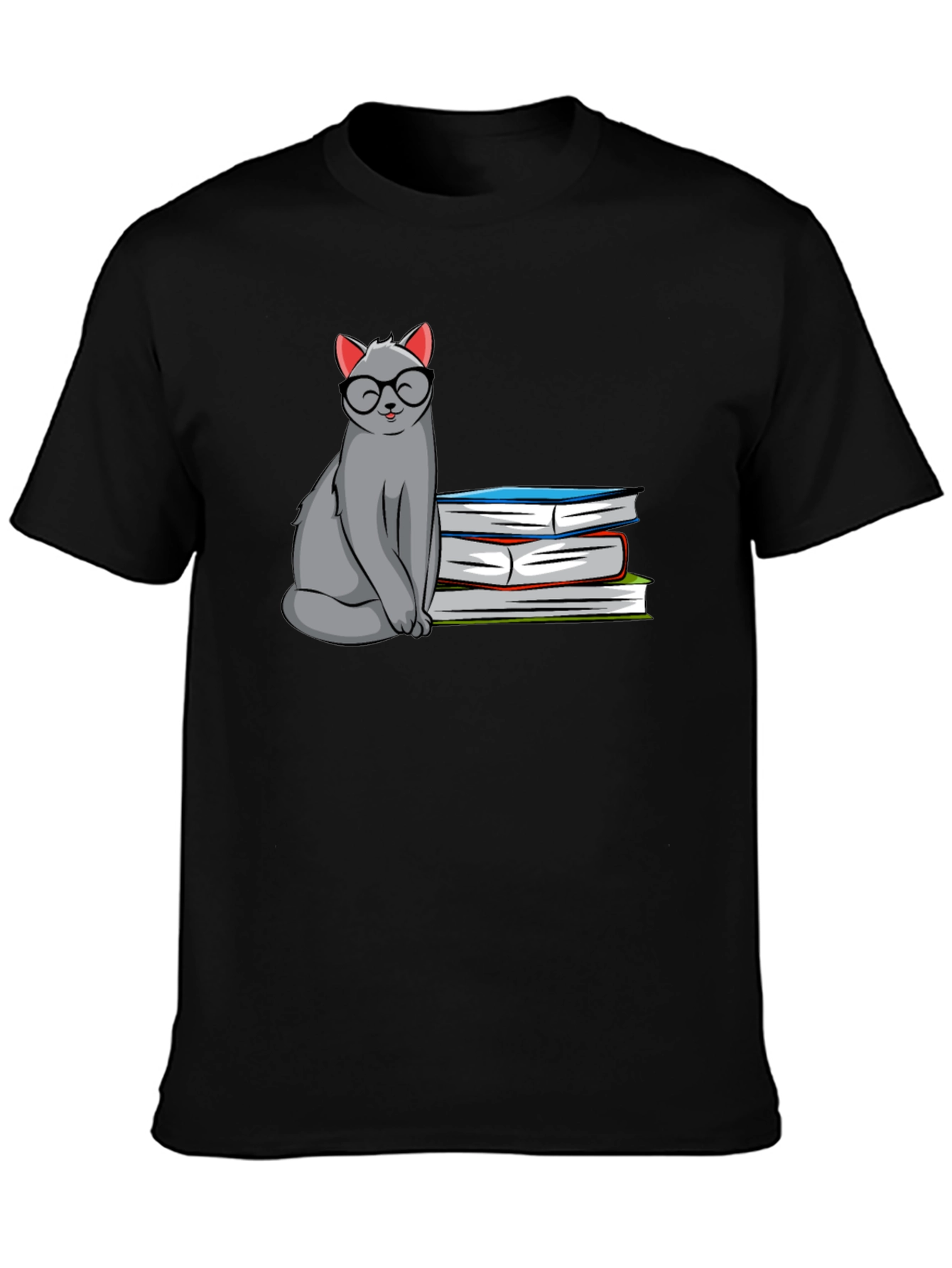 Cat with Glasses & Books Graphic T-Shirt
