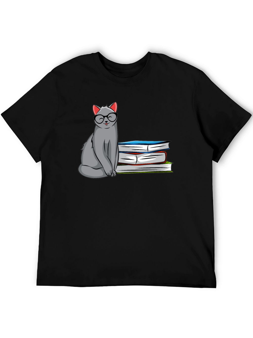 Cat with Glasses & Books Graphic T-Shirt