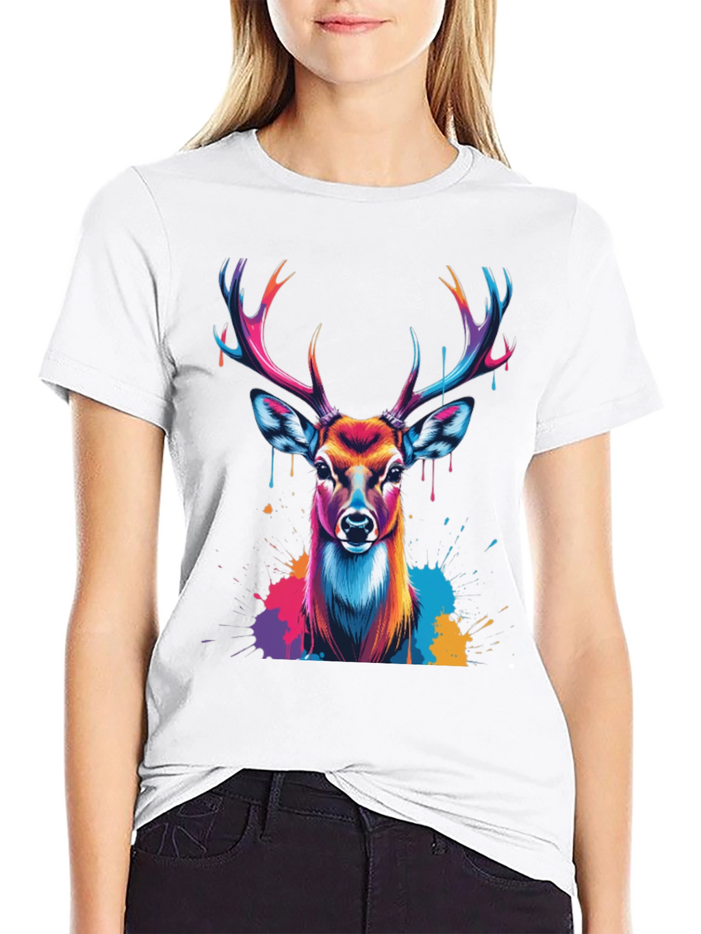 Vibrant Deer Graphic Tee - Black Casual T-Shirt