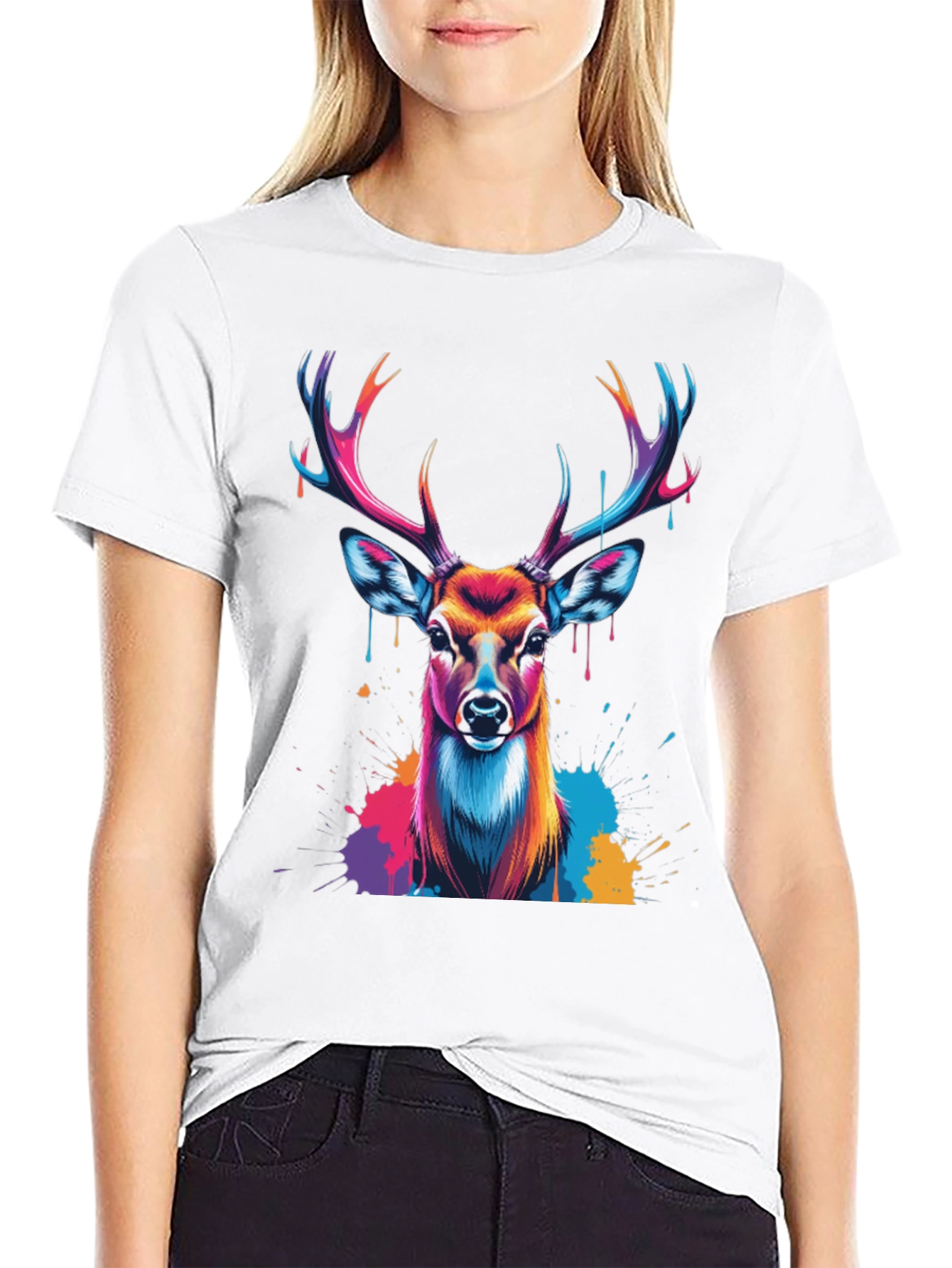 Vibrant Deer Graphic Tee - Black Casual T-Shirt