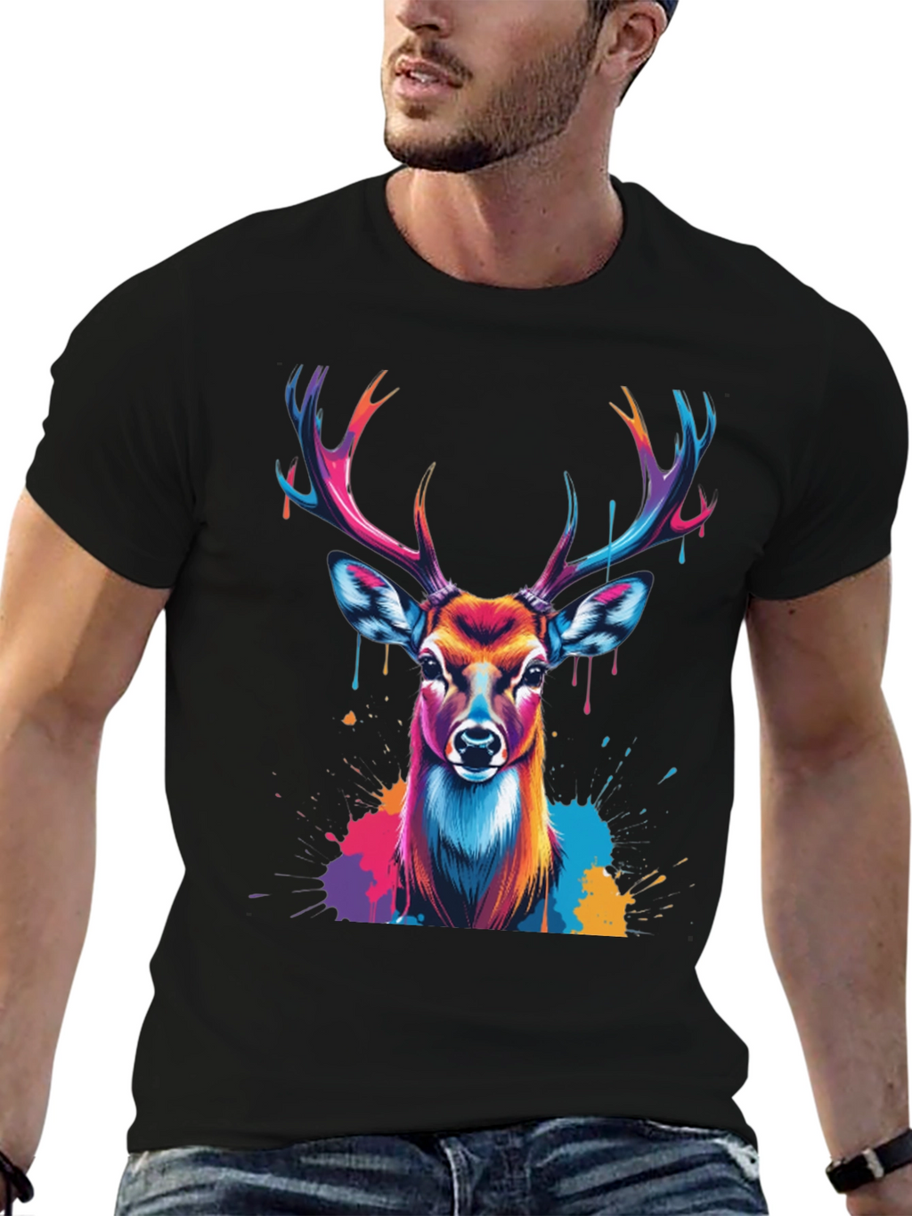 Vibrant Deer Graphic Tee - Black Casual T-Shirt