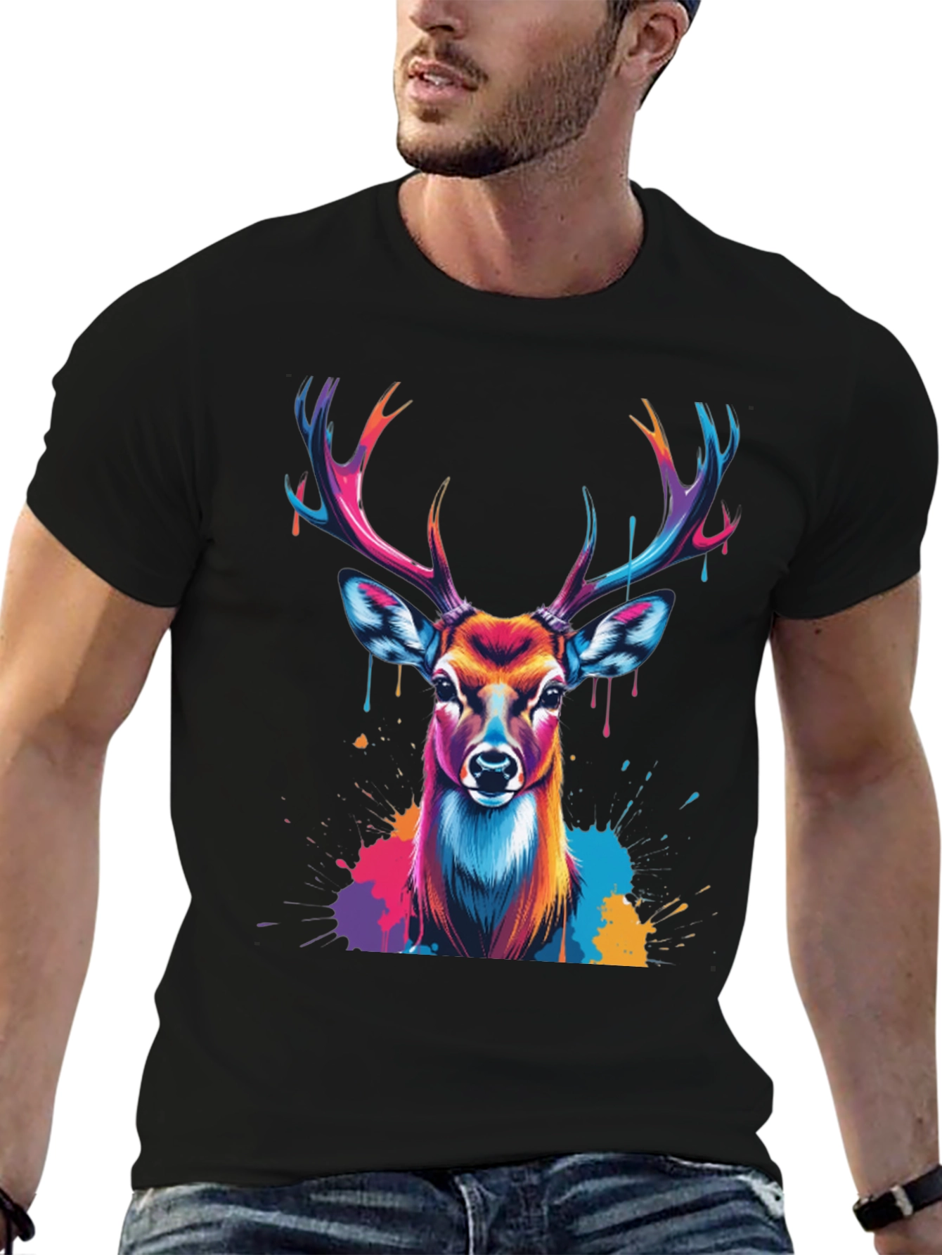 Vibrant Deer Graphic Tee - Black Casual T-Shirt