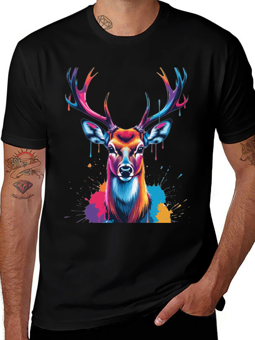 Vibrant Deer Graphic Tee - Black Casual T-Shirt