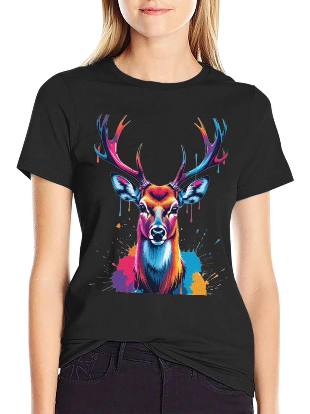 Vibrant Deer Graphic Tee - Black Casual T-Shirt