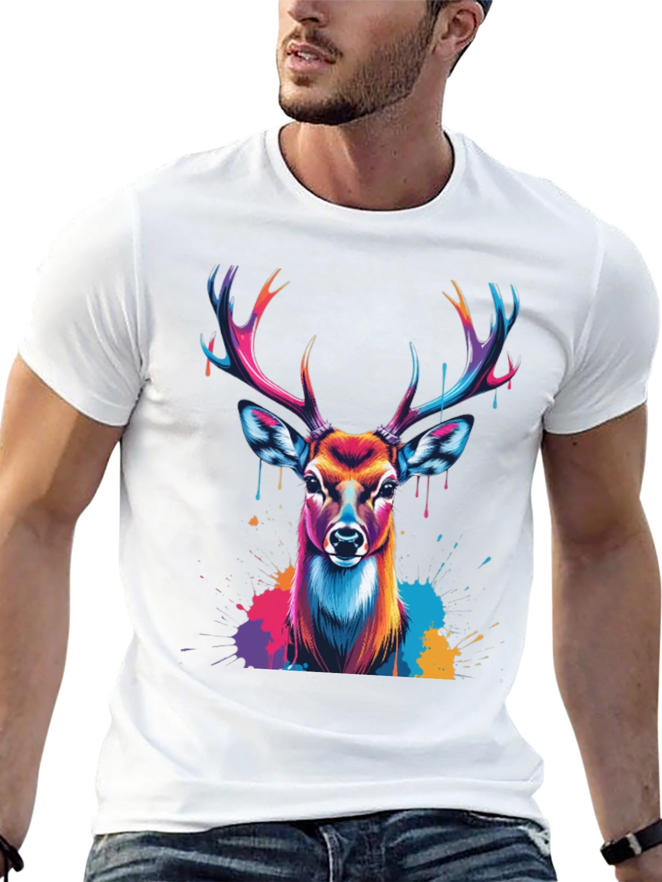 Vibrant Deer Graphic Tee - Black Casual T-Shirt