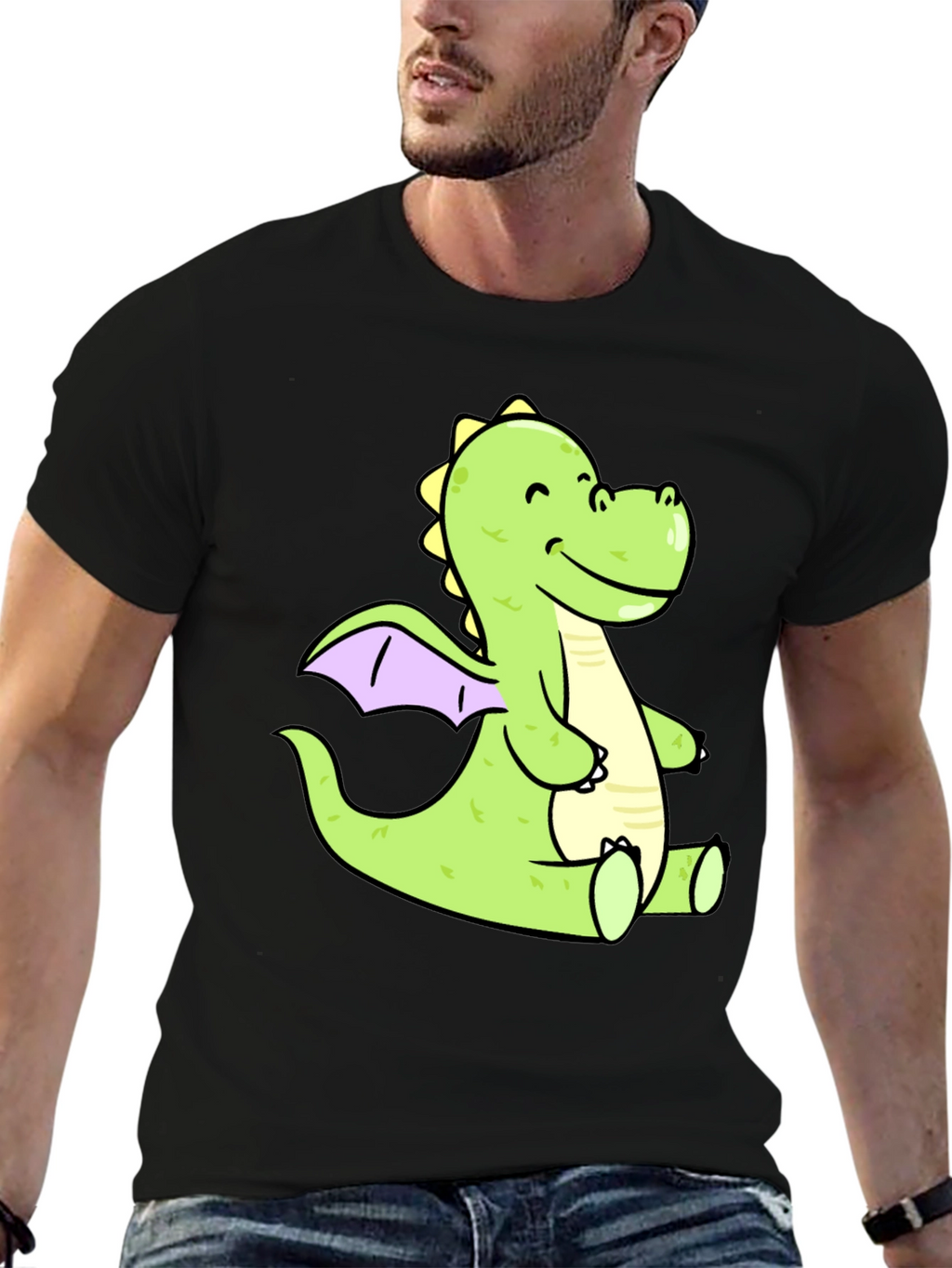 Cute Cartoon Dragon Graphic Tee - Black
