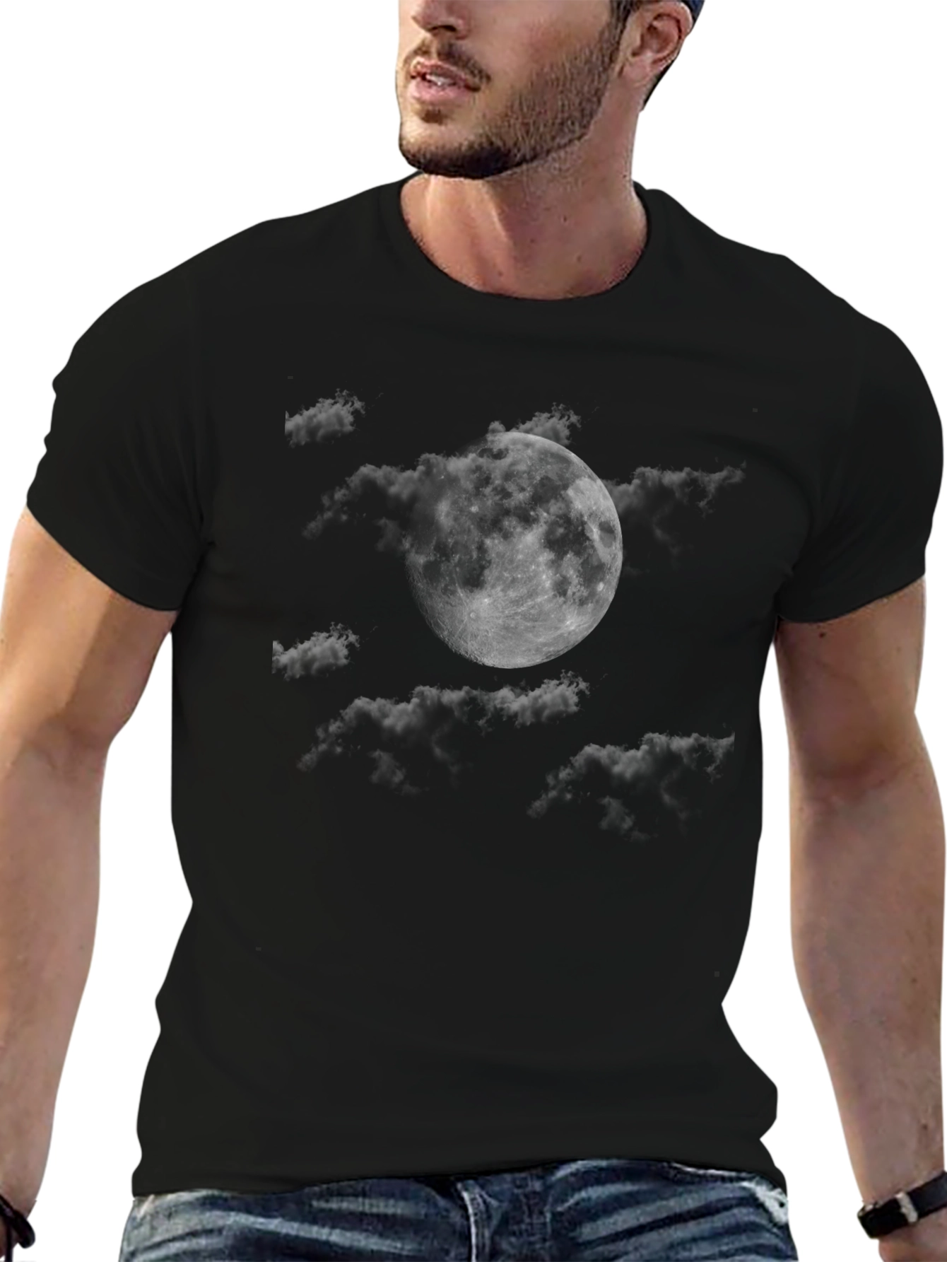 Moon and Clouds Graphic T-Shirt - Stylish Black Tee