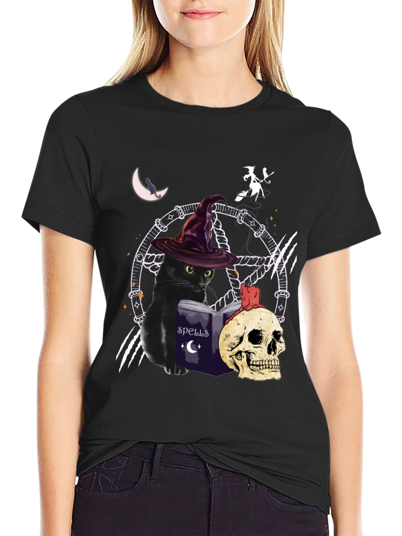 Witch Cat T-Shirt - Halloween Spells Book & Skull Design