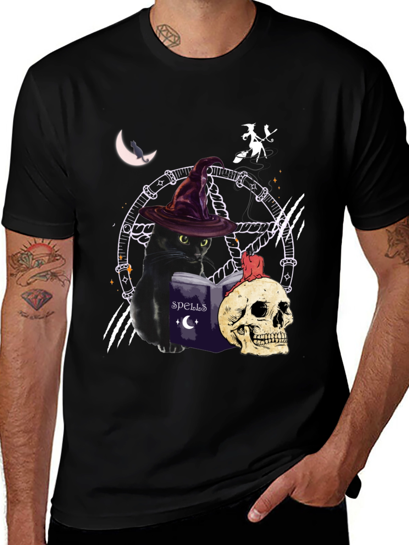 Witch Cat T-Shirt - Halloween Spells Book & Skull Design