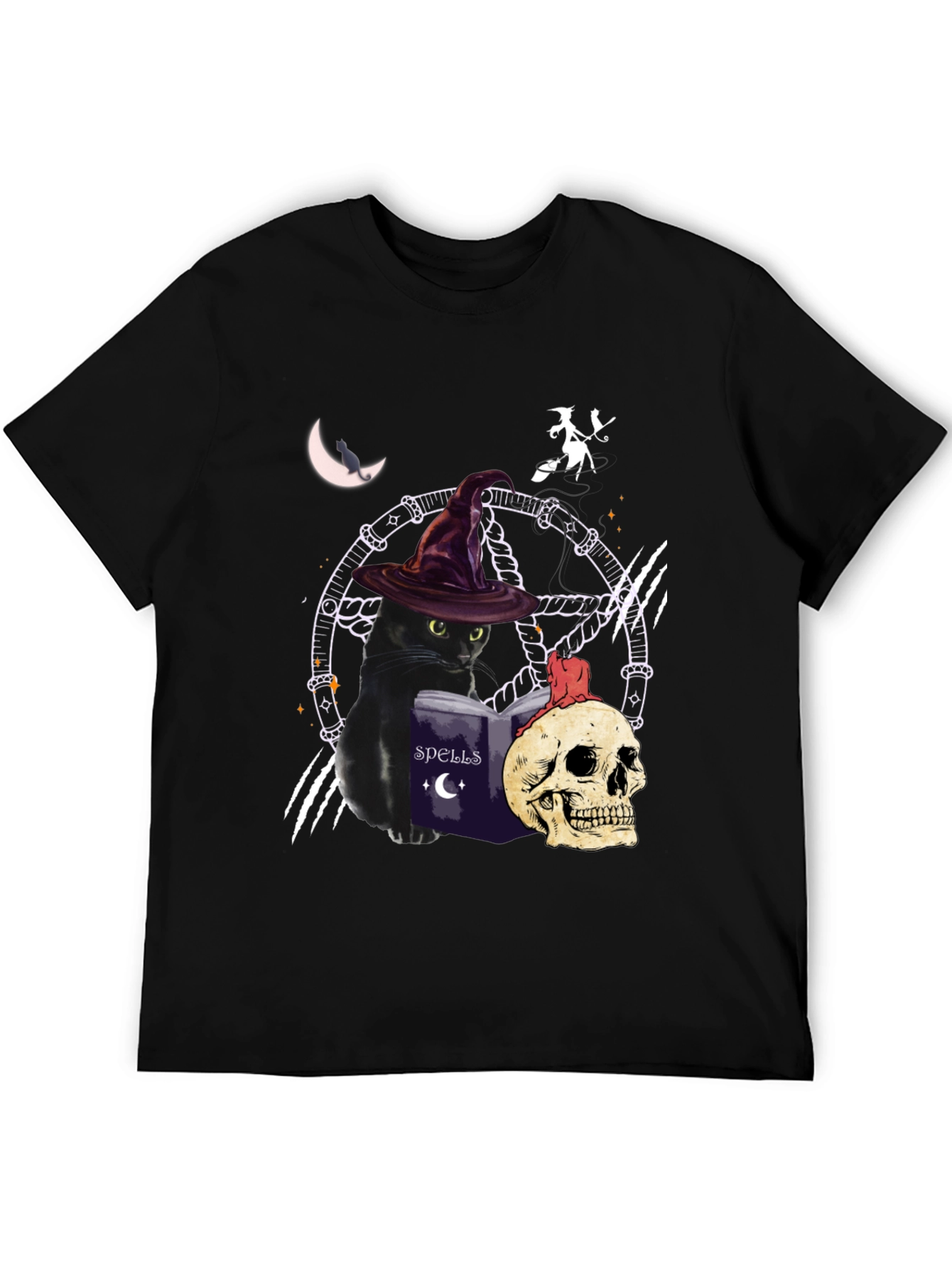 Witch Cat T-Shirt - Halloween Spells Book & Skull Design