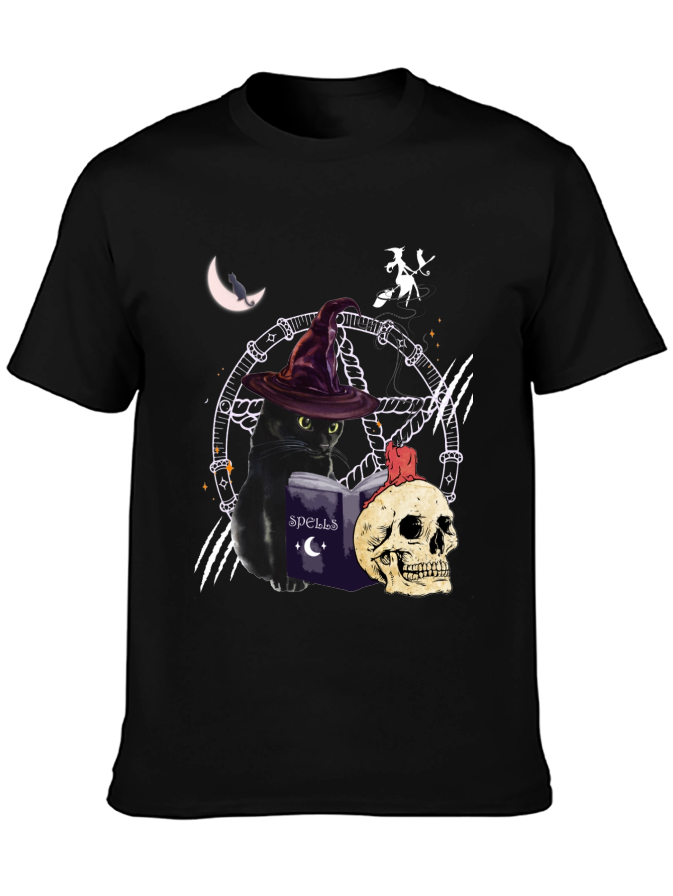 Witch Cat T-Shirt - Halloween Spells Book & Skull Design