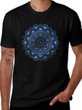 Blue Mandala Graphic Print Black T-Shirt