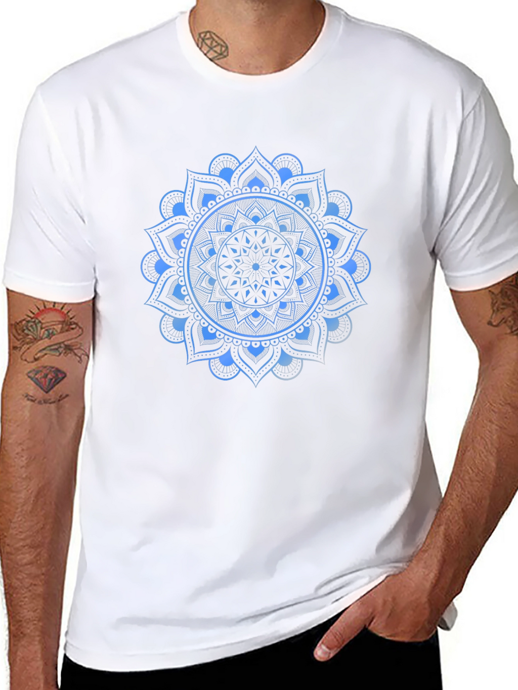 Blue Mandala Graphic Print Black T-Shirt