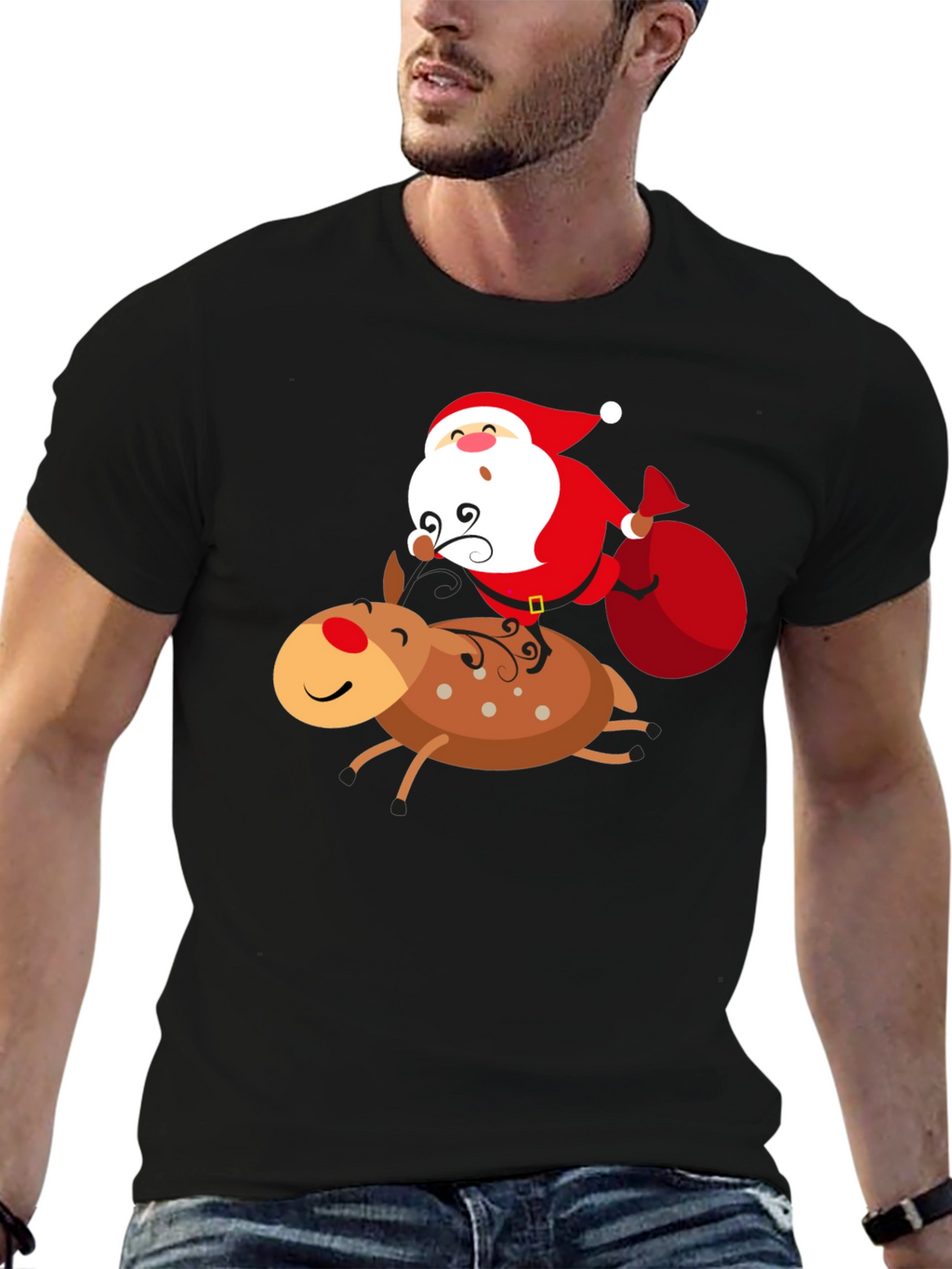Santa Riding Reindeer Graphic T-Shirt