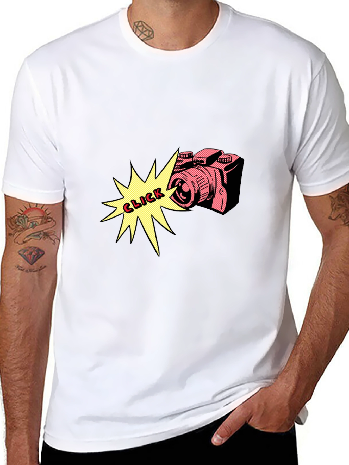 Retro Camera Click Graphic Tee - Black Cotton Shirt