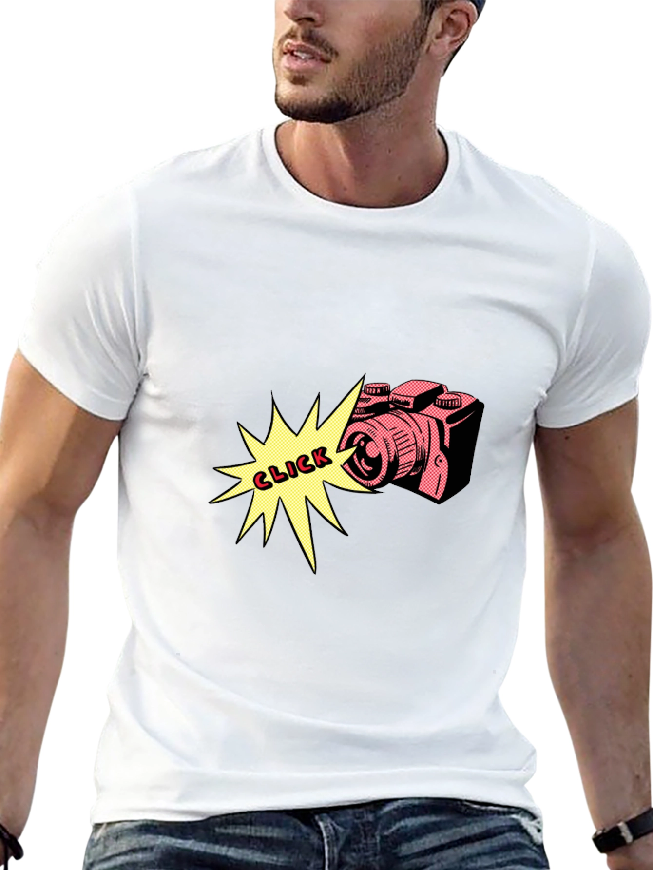 Retro Camera Click Graphic Tee - Black Cotton Shirt