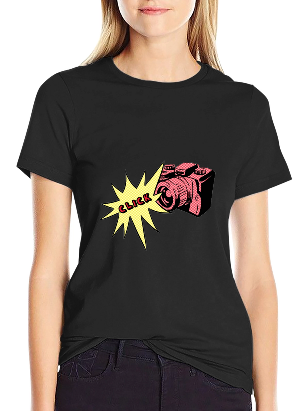 Retro Camera Click Graphic Tee - Black Cotton Shirt