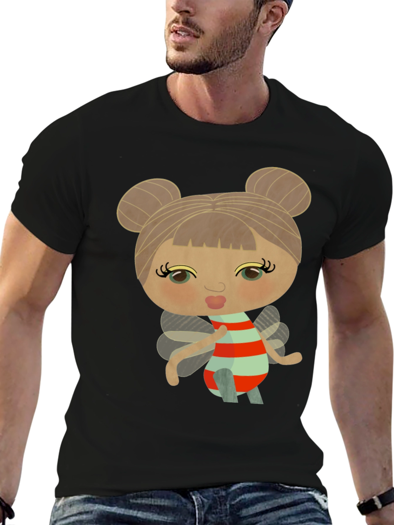Cute Cartoon Fairy Graphic Black T-Shirt