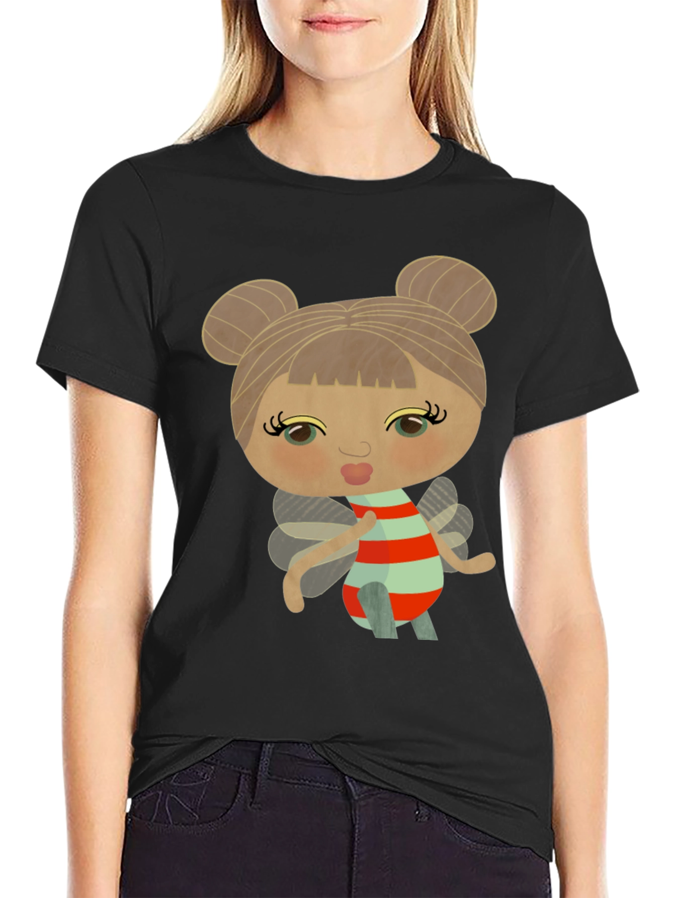 Cute Cartoon Fairy Graphic Black T-Shirt