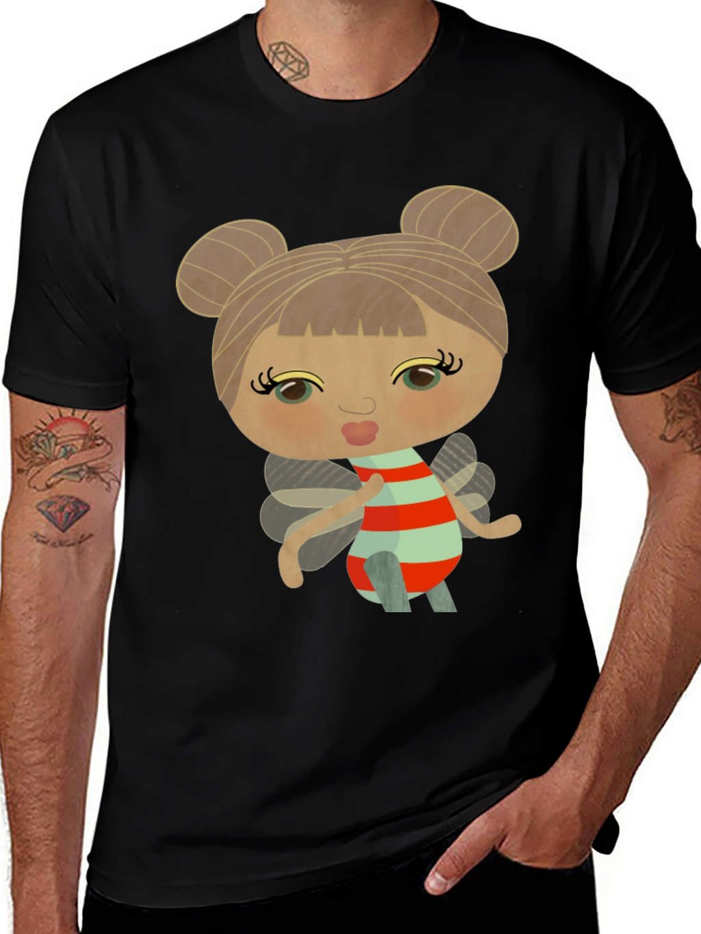 Cute Cartoon Fairy Graphic Black T-Shirt