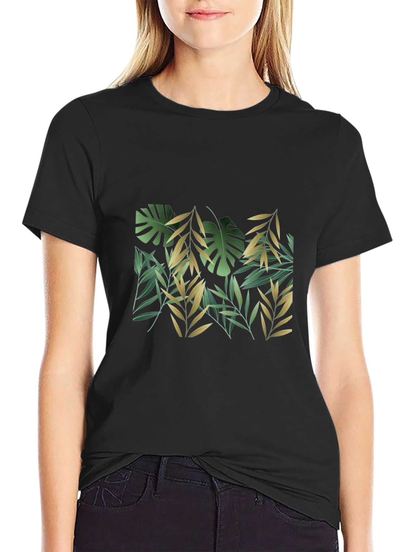 Tropical Leaf Print Black T-Shirt