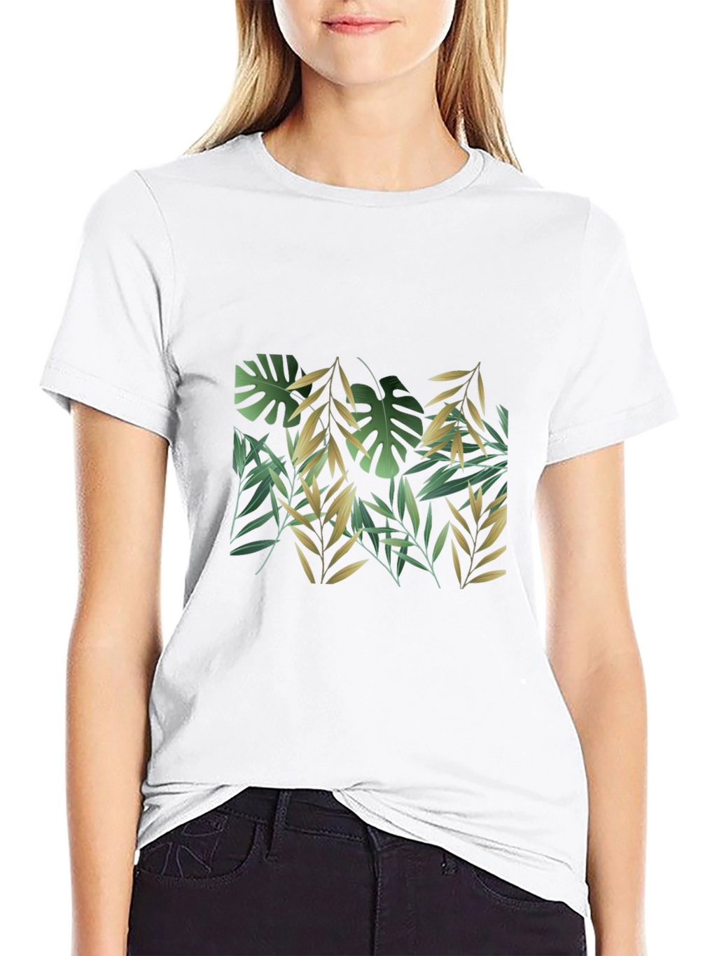 Tropical Leaf Print Black T-Shirt